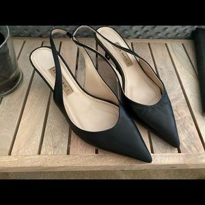 Black leather sling back kitten heels